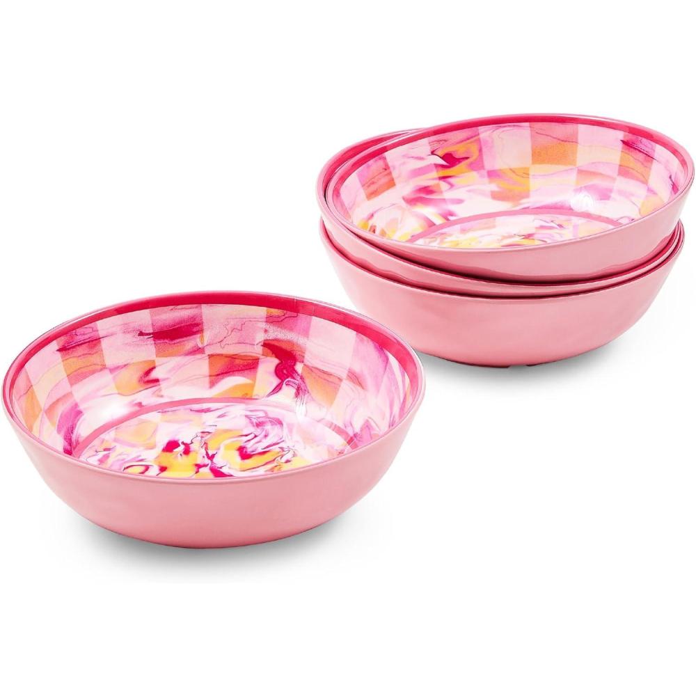 image:imageMACKENZIECHILDS Set of 4 Melamine Bowls Decorative Salad and Soup Bowls Small WatermelonPink Marble Check