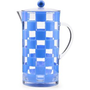 MACKENZIE-CHILDS Acrylic Pitcher with Spout for Water, Lemonade, and Farmhouse Home Decor, 2.5 Quarts, White Check(Blue Check)