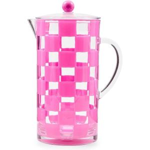 MACKENZIE-CHILDS Acrylic Pitcher with Spout for Water, Lemonade, and Farmhouse Home Decor, 2.5 Quarts, White Check(Pink Check)