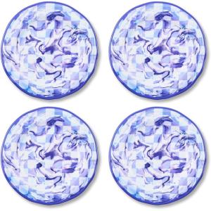 MACKENZIE-CHILDS Melamine Dinner Plates, Decorative Dinnerware Plates, 11 Inches, Set of 4, Watermelon(Blue Marble Check)