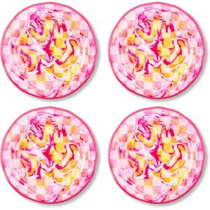 MACKENZIE-CHILDS Melamine Dinner Plates, Decorative Dinnerware Plates, 11 Inches, Set of 4, Watermelon(Pink Marble Check)