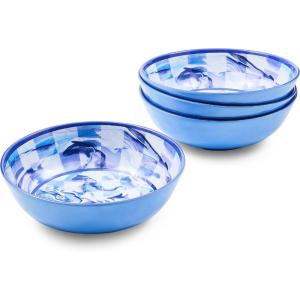 MACKENZIE-CHILDS Set of 4 Melamine Bowls, Decorative Salad and Soup Bowls, Small, Watermelon(Blue Marble Check)