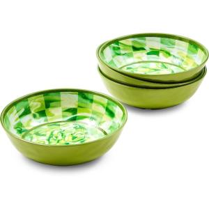 MACKENZIE-CHILDS Set of 4 Melamine Bowls, Decorative Salad and Soup Bowls, Small, Watermelon(Green Marble Check)