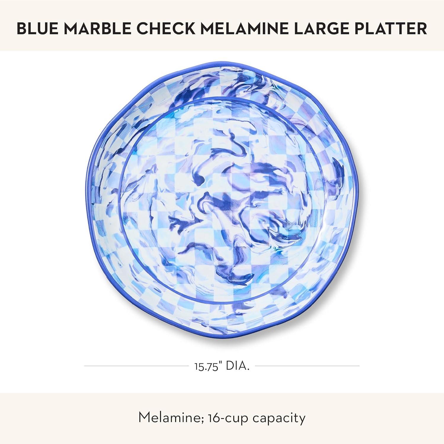 image:imageMACKENZIECHILDS Melamine Round Platter Decorative Serving Plate for Entertaining Large Green Marble CheckBlue Marble Check