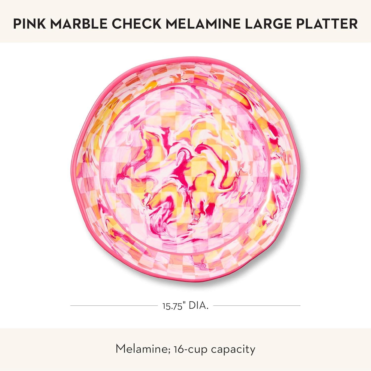 image:imageMACKENZIECHILDS Melamine Round Platter Decorative Serving Plate for Entertaining Large Green Marble CheckPink Marble Check