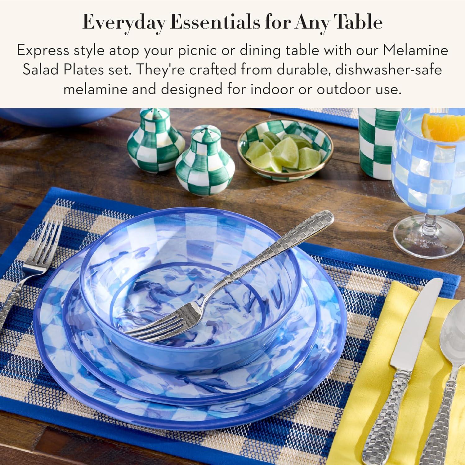 image:imageMACKENZIECHILDS Set of 4 Melamine Salad Plates Decorative DishwasherSafe Dinnerware Plates 9 Inches JamboreeBlue Marble Check