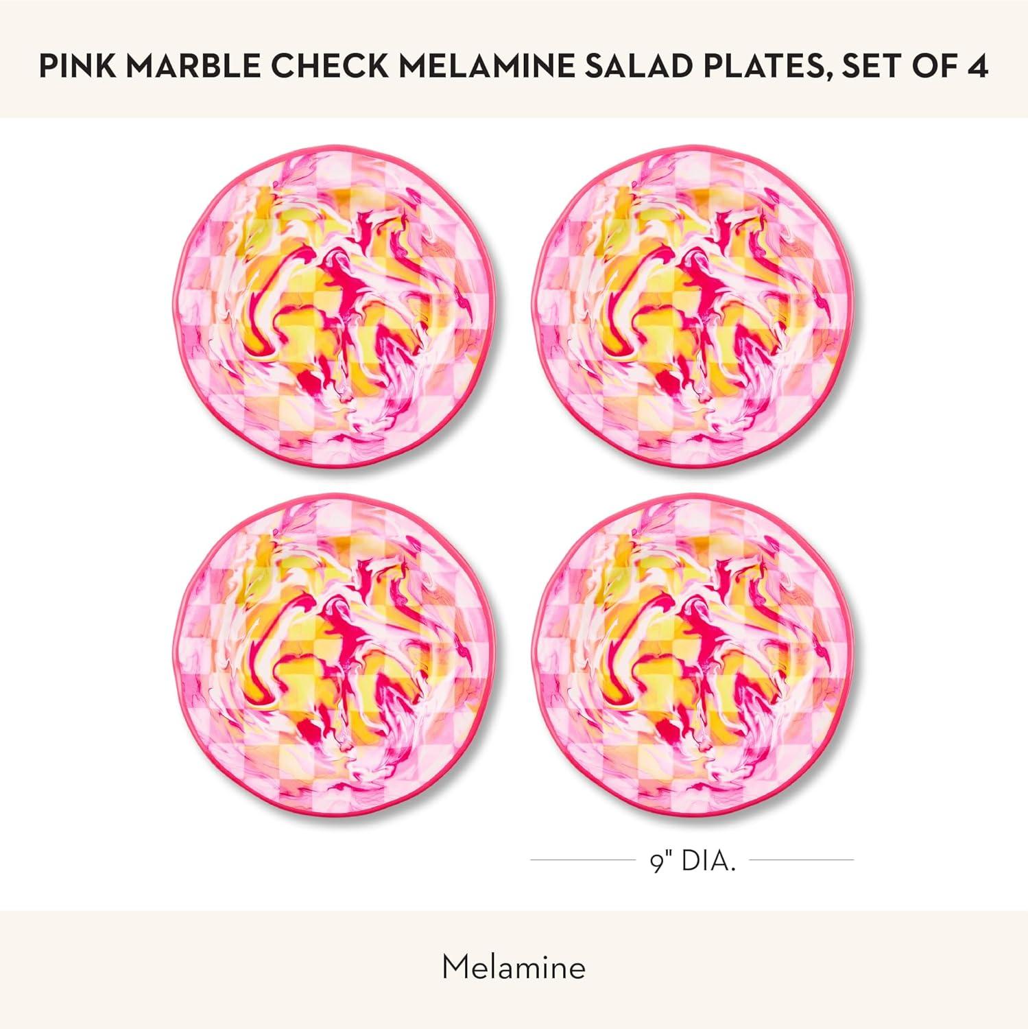 image:imageMACKENZIECHILDS Set of 4 Melamine Salad Plates Decorative DishwasherSafe Dinnerware Plates 9 Inches JamboreePink Marble Check
