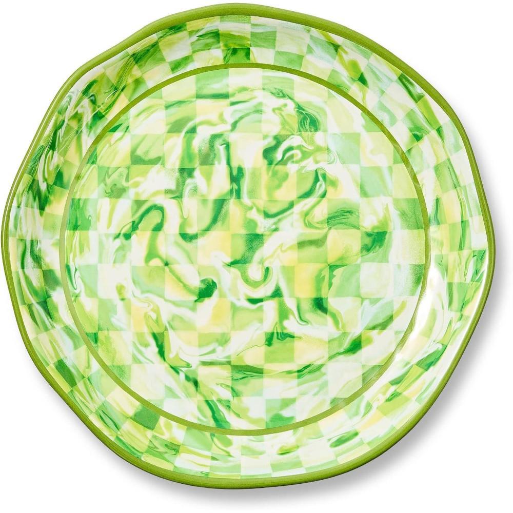 image:imageMACKENZIECHILDS Melamine Round Platter Decorative Serving Plate for Entertaining Large Green Marble CheckGreen Marble Check