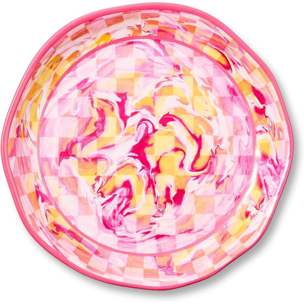 image:imageMACKENZIECHILDS Melamine Round Platter Decorative Serving Plate for Entertaining Large Green Marble CheckPink Marble Check