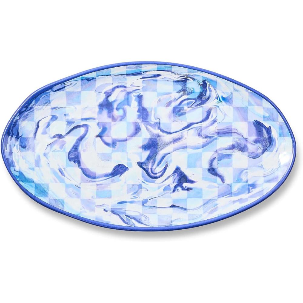 image:imageMACKENZIECHILDS Oval Melamine Platter Decorative Serving Plate for Entertaining WatermelonBlue Marble Check