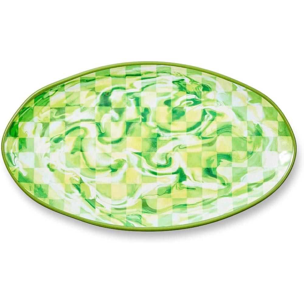 image:imageMACKENZIECHILDS Oval Melamine Platter Decorative Serving Plate for Entertaining WatermelonGreen Marble Check