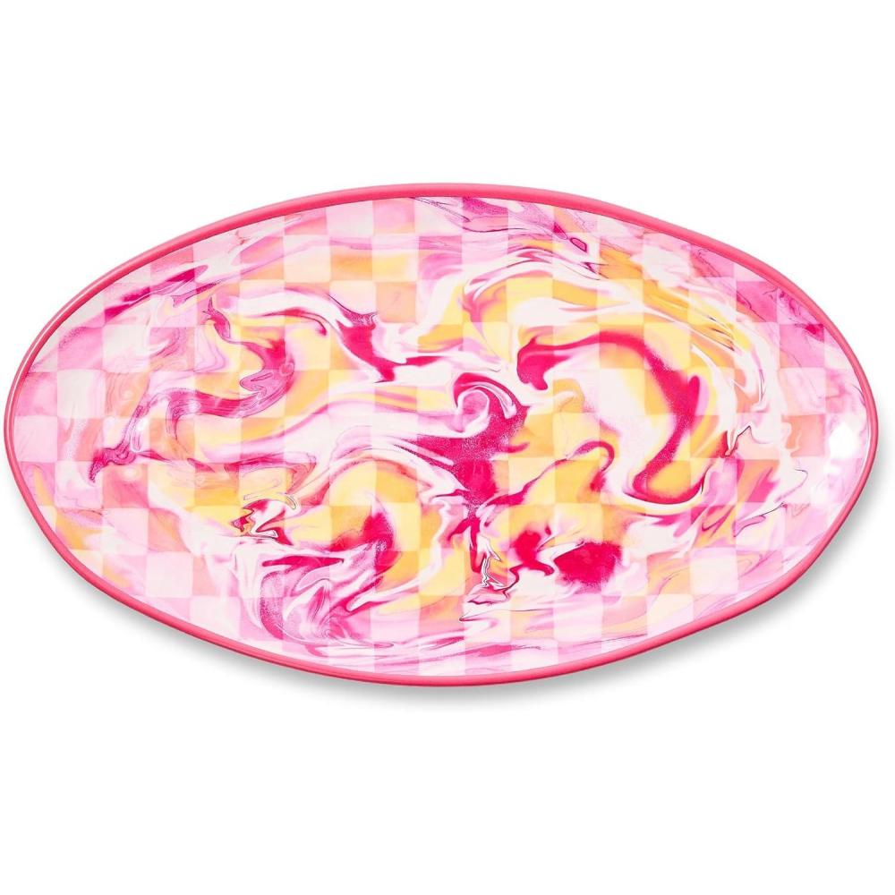 image:imageMACKENZIECHILDS Oval Melamine Platter Decorative Serving Plate for Entertaining WatermelonPink Marble Check