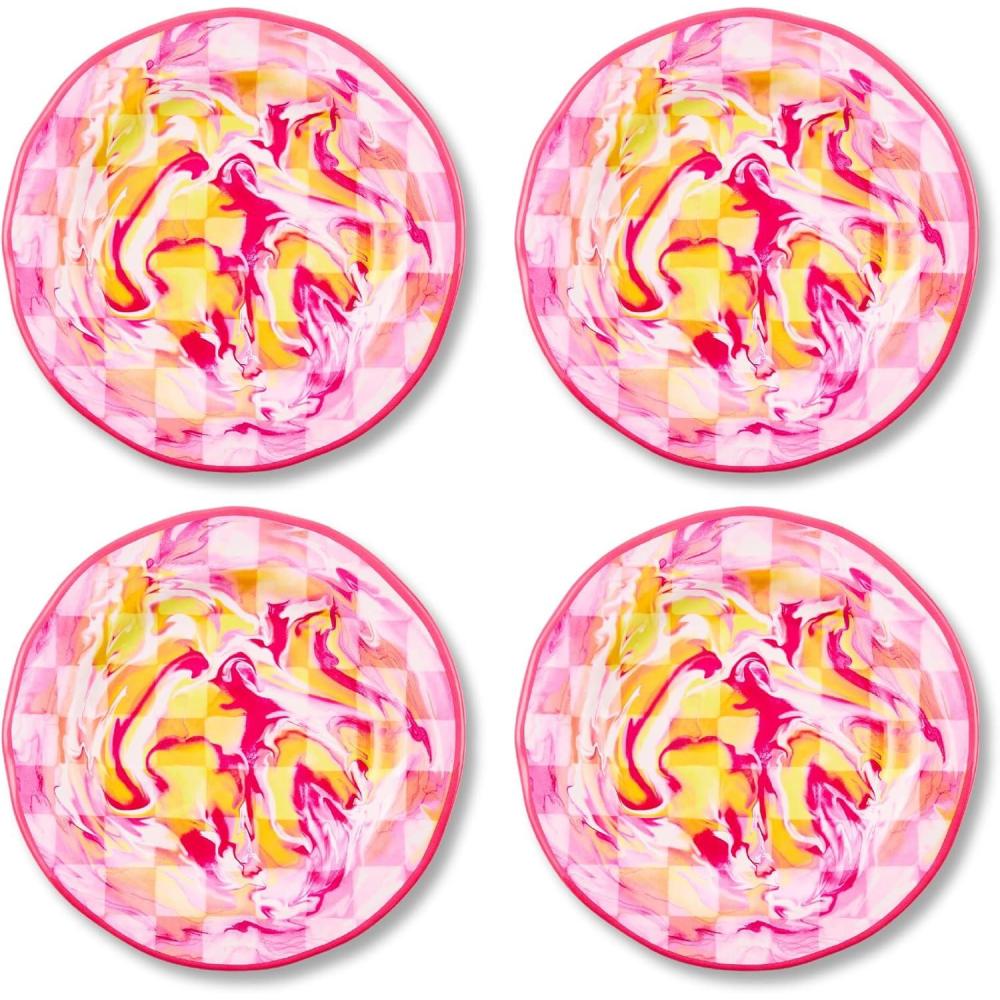 image:imageMACKENZIECHILDS Set of 4 Melamine Salad Plates Decorative DishwasherSafe Dinnerware Plates 9 Inches JamboreePink Marble Check