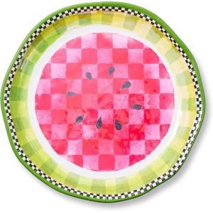 MACKENZIE-CHILDS Melamine Round Platter, Decorative Serving Plate for Entertaining, Large, Green Marble Check(Watermelon)