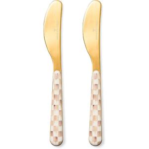 MACKENZIE-CHILDS Set of 2 Bistro Spreaders, Stainless-Steel Butter and Charcuterie Board Utensils, Gray-and-White Sterling Check(Mocha Check)