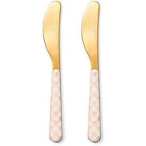 MACKENZIE-CHILDS Set of 2 Bistro Spreaders, Stainless-Steel Butter and Charcuterie Board Utensils, Gray-and-White Sterling Check(Rosy Check)