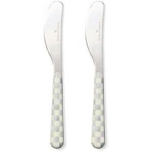 MACKENZIE-CHILDS Set of 2 Bistro Spreaders, Stainless-Steel Butter and Charcuterie Board Utensils, Gray-and-White Sterling Check(Sterling Check)