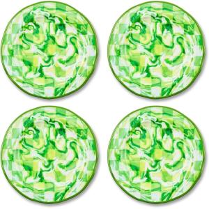 MACKENZIE-CHILDS Set of 4 Melamine Salad Plates, Decorative Dishwasher-Safe Dinnerware Plates, 9 Inches, Jamboree(Green Marble Check)