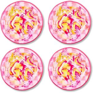 MACKENZIE-CHILDS Set of 4 Melamine Salad Plates, Decorative Dishwasher-Safe Dinnerware Plates, 9 Inches, Jamboree(Pink Marble Check)