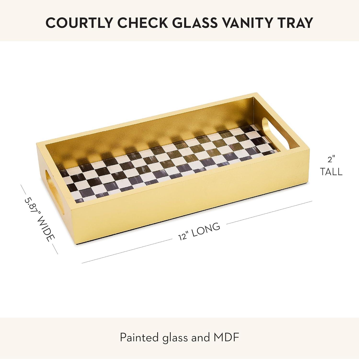 image:imageMACKENZIECHILDS Glass Vanity Tray Decorative Bathroom Tray GrayandWhite Sterling CheckCourtly Check