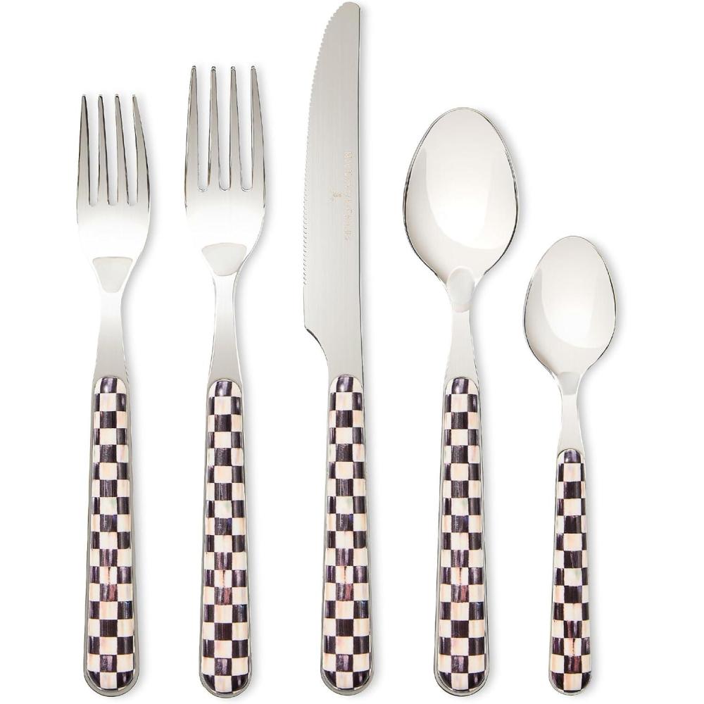 image:imageMACKENZIECHILDS 5Piece Bistro Place Setting DishwasherSafe Flatware Set GrayandWhite Sterling CheckCourtly Check