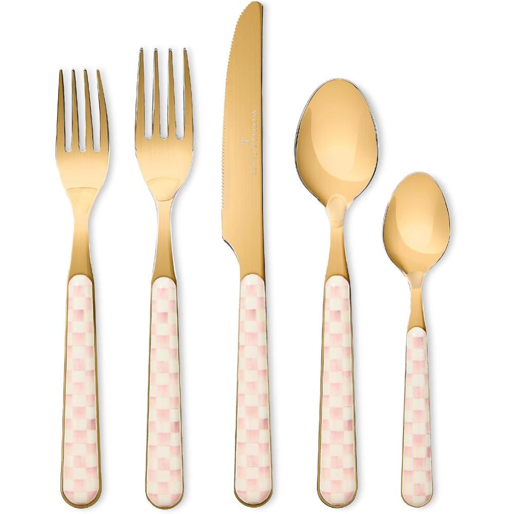 image:imageMACKENZIECHILDS 5Piece Bistro Place Setting DishwasherSafe Flatware Set GrayandWhite Sterling CheckRosy Check