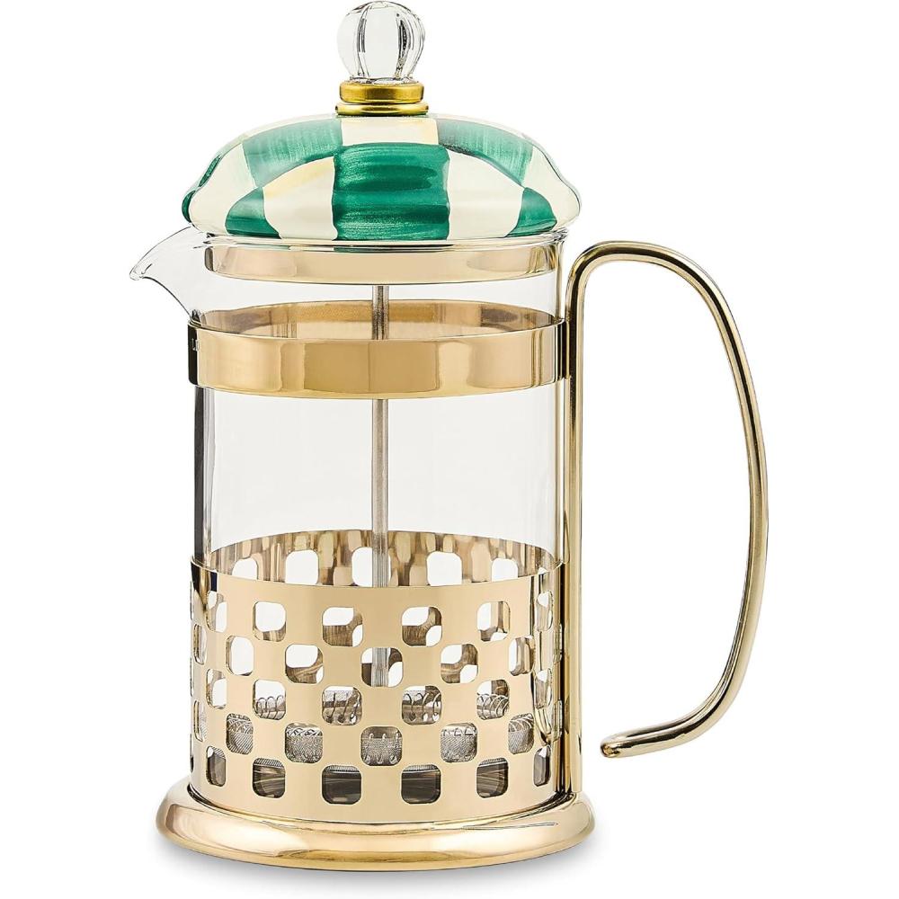 image:imageMACKENZIECHILDS Coffee French Press Glass FrenchPress Coffee Maker 32Ounce Capacity GrayandWhite Sterling CheckEmerald Check