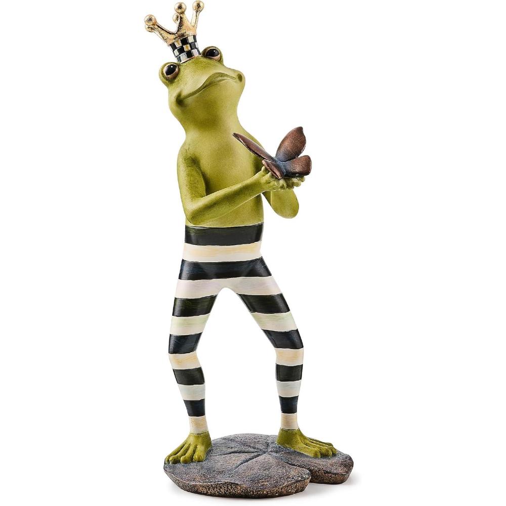 image:imageMACKENZIECHILDS Fergal the Frog with Butterfly Garden Decor Outdoor Whimsical Decor for Yard 15 Inches BlackandWhite Courtly Check and Stripe