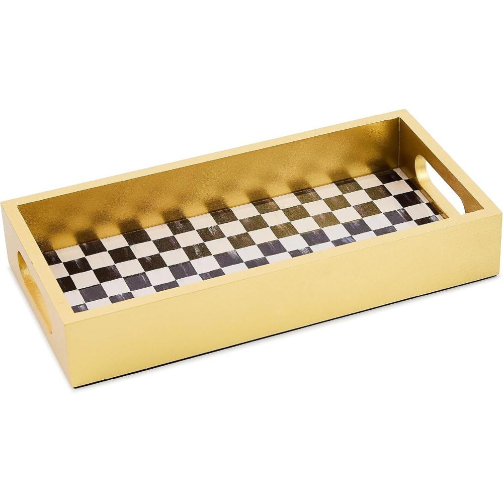 image:imageMACKENZIECHILDS Glass Vanity Tray Decorative Bathroom Tray GrayandWhite Sterling CheckCourtly Check