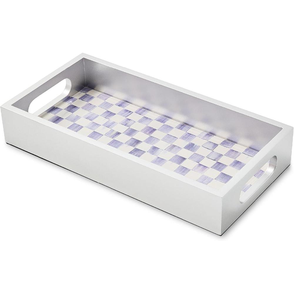 image:imageMACKENZIECHILDS Glass Vanity Tray Decorative Bathroom Tray GrayandWhite Sterling CheckViolet Check