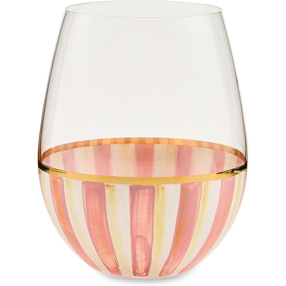 image:imageMACKENZIECHILDS Stemless Wine Glass Decorative Wine Glass 22 Ounces GrayandWhite Sterling StripeRosy Stripe