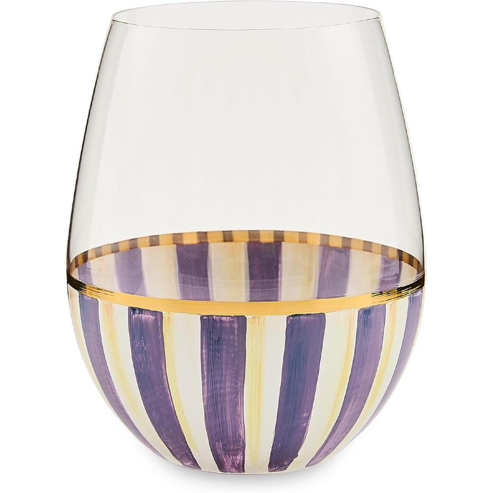 image:imageMACKENZIECHILDS Stemless Wine Glass Decorative Wine Glass 22 Ounces GrayandWhite Sterling StripeViolet Stripe