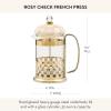 MACKENZIE-CHILDS Coffee French Press, Glass French-Press Coffee Maker, 32-Ounce Capacity, Gray-and-White Sterling Check(Rosy Check)