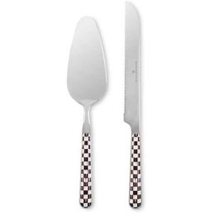 MACKENZIE-CHILDS 2-Piece Bistro Cake Serving Set, Stainless-Steel Cake Spatula and Knife, Gray-and-White Sterling Check(Courtly Check)