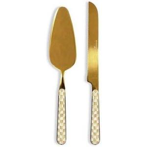 MACKENZIE-CHILDS 2-Piece Bistro Cake Serving Set, Stainless-Steel Cake Spatula and Knife, Gray-and-White Sterling Check(Mocha Check)