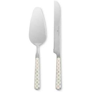 MACKENZIE-CHILDS 2-Piece Bistro Cake Serving Set, Stainless-Steel Cake Spatula and Knife, Gray-and-White Sterling Check(Sterling Check)