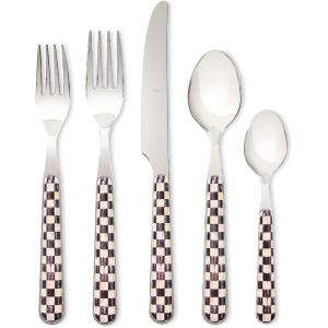 MACKENZIE-CHILDS 5-Piece Bistro Place Setting, Dishwasher-Safe Flatware Set, Gray-and-White Sterling Check(Courtly Check)