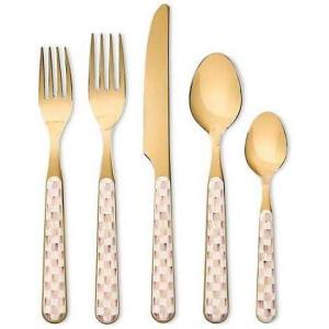 MACKENZIE-CHILDS 5-Piece Bistro Place Setting, Dishwasher-Safe Flatware Set, Gray-and-White Sterling Check(Mocha Check)