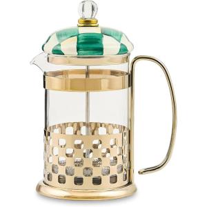 MACKENZIE-CHILDS Coffee French Press, Glass French-Press Coffee Maker, 32-Ounce Capacity, Gray-and-White Sterling Check(Emerald Check)