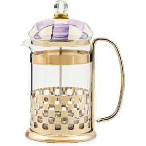 MACKENZIE-CHILDS Coffee French Press, Glass French-Press Coffee Maker, 32-Ounce Capacity, Gray-and-White Sterling Check(Violet Check)