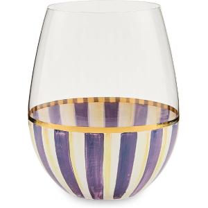 MACKENZIE-CHILDS Stemless Wine Glass, Decorative Wine Glass, 22 Ounces, Gray-and-White Sterling Stripe(Violet Stripe)