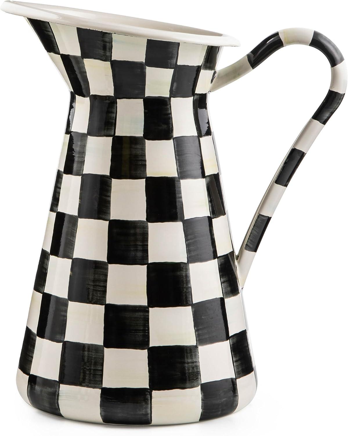 image:imageMACKENZIECHILDS Practical Enamel Pitcher with Spout Drink Pitcher for Iced Tea or Water Flower Vase Medium GreenandWhite Emerald CheckCourtly Check
