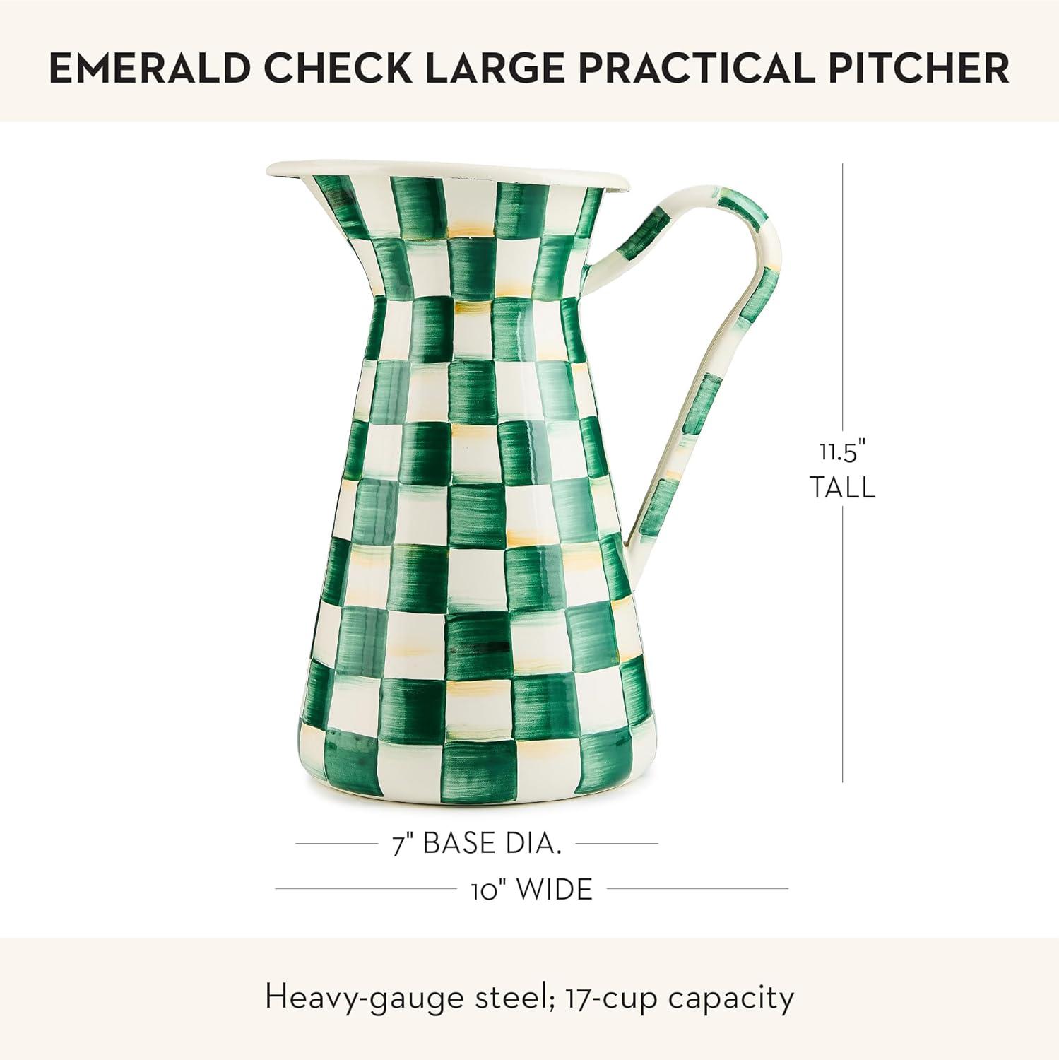 image:imageMACKENZIECHILDS Practical Enamel Pitcher with Spout Drink Pitcher for Iced Tea or Water Flower Vase Medium GreenandWhite Emerald CheckEmerald Check