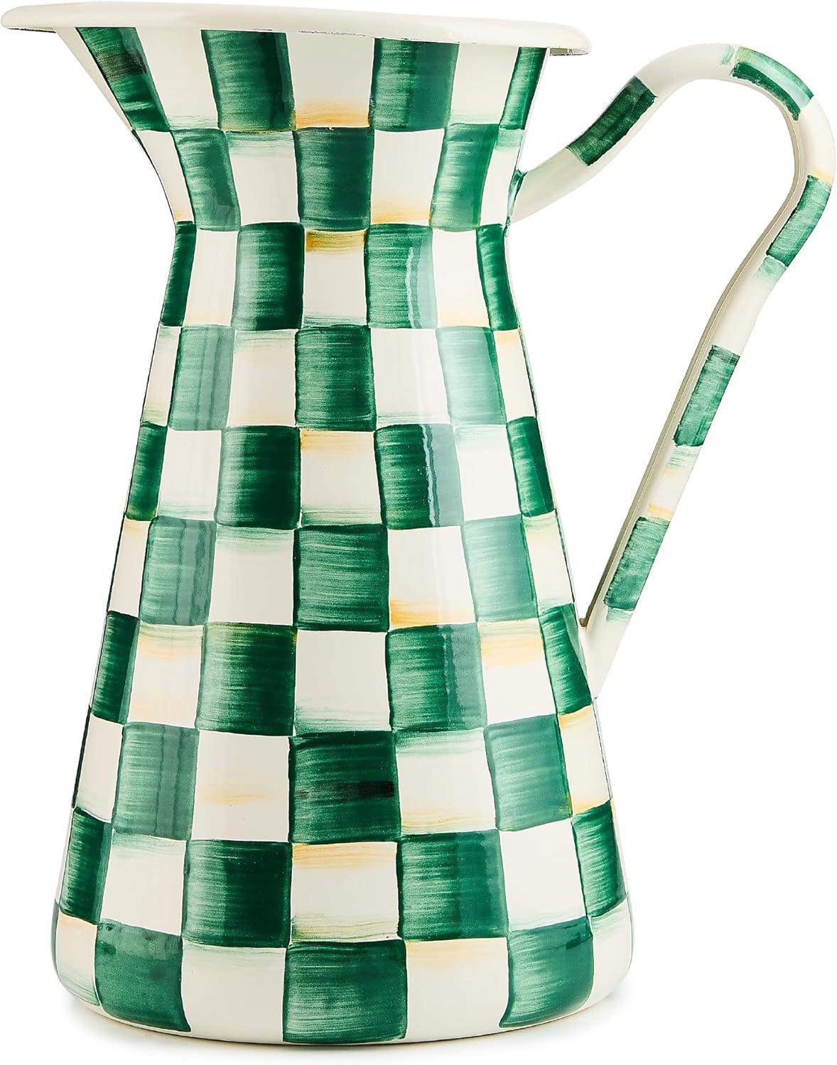 image:imageMACKENZIECHILDS Practical Enamel Pitcher with Spout Drink Pitcher for Iced Tea or Water Flower Vase Medium GreenandWhite Emerald CheckEmerald Check