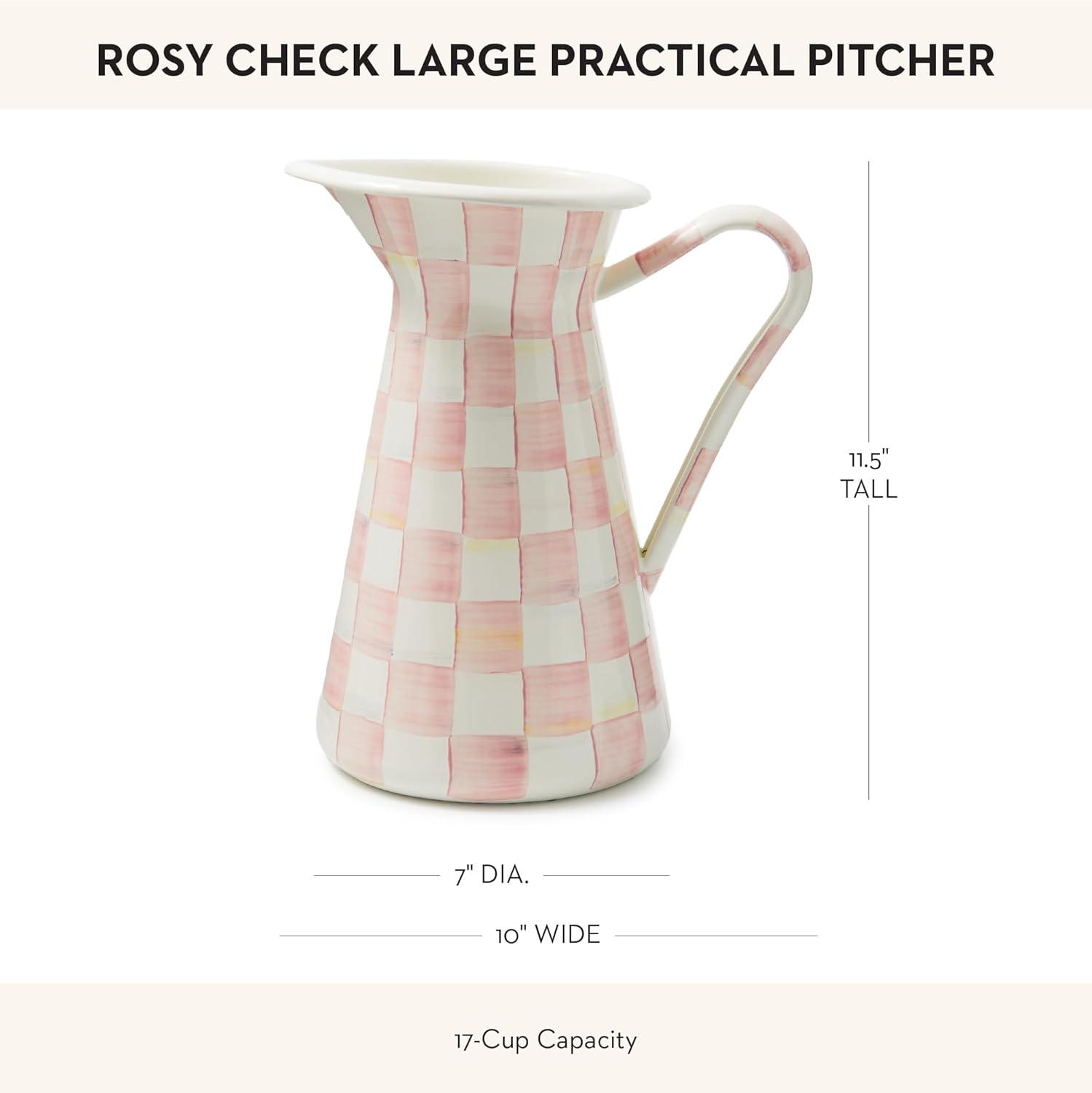 image:imageMACKENZIECHILDS Practical Enamel Pitcher with Spout Drink Pitcher for Iced Tea or Water Flower Vase Medium GreenandWhite Emerald CheckRosy Check