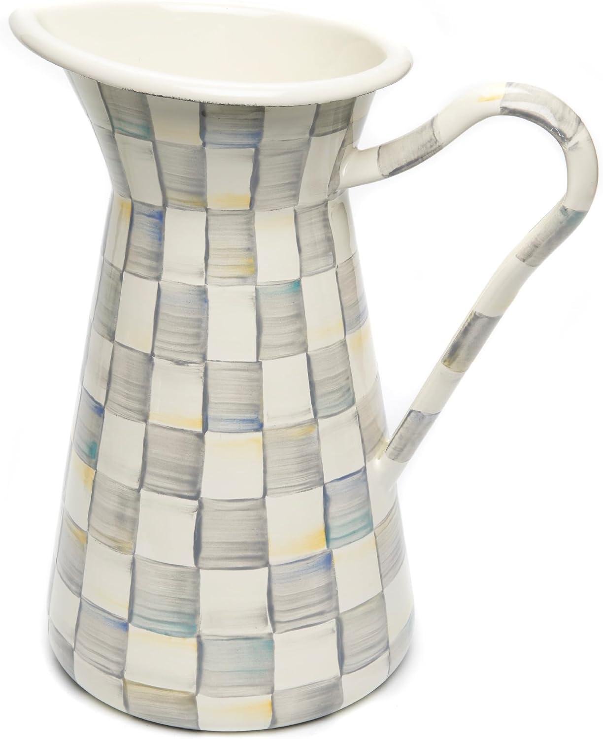 image:imageMACKENZIECHILDS Practical Enamel Pitcher with Spout Drink Pitcher for Iced Tea or Water Flower Vase Medium GreenandWhite Emerald CheckSterling Check