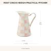MACKENZIE-CHILDS Practical Enamel Pitcher with Spout, Drink Pitcher for Iced Tea or Water, Flower Vase, Medium, Green-and-White Emerald Check(Rosy Check)