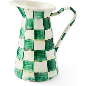 MACKENZIE-CHILDS Practical Enamel Pitcher with Spout, Drink Pitcher for Iced Tea or Water, Flower Vase, Medium, Green-and-White Emerald Check(Emerald Check)