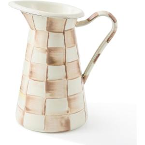 MACKENZIE-CHILDS Practical Enamel Pitcher with Spout, Drink Pitcher for Iced Tea or Water, Flower Vase, Medium, Green-and-White Emerald Check(Mocha Check)