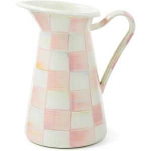 MACKENZIE-CHILDS Practical Enamel Pitcher with Spout, Drink Pitcher for Iced Tea or Water, Flower Vase, Medium, Green-and-White Emerald Check(Rosy Check)